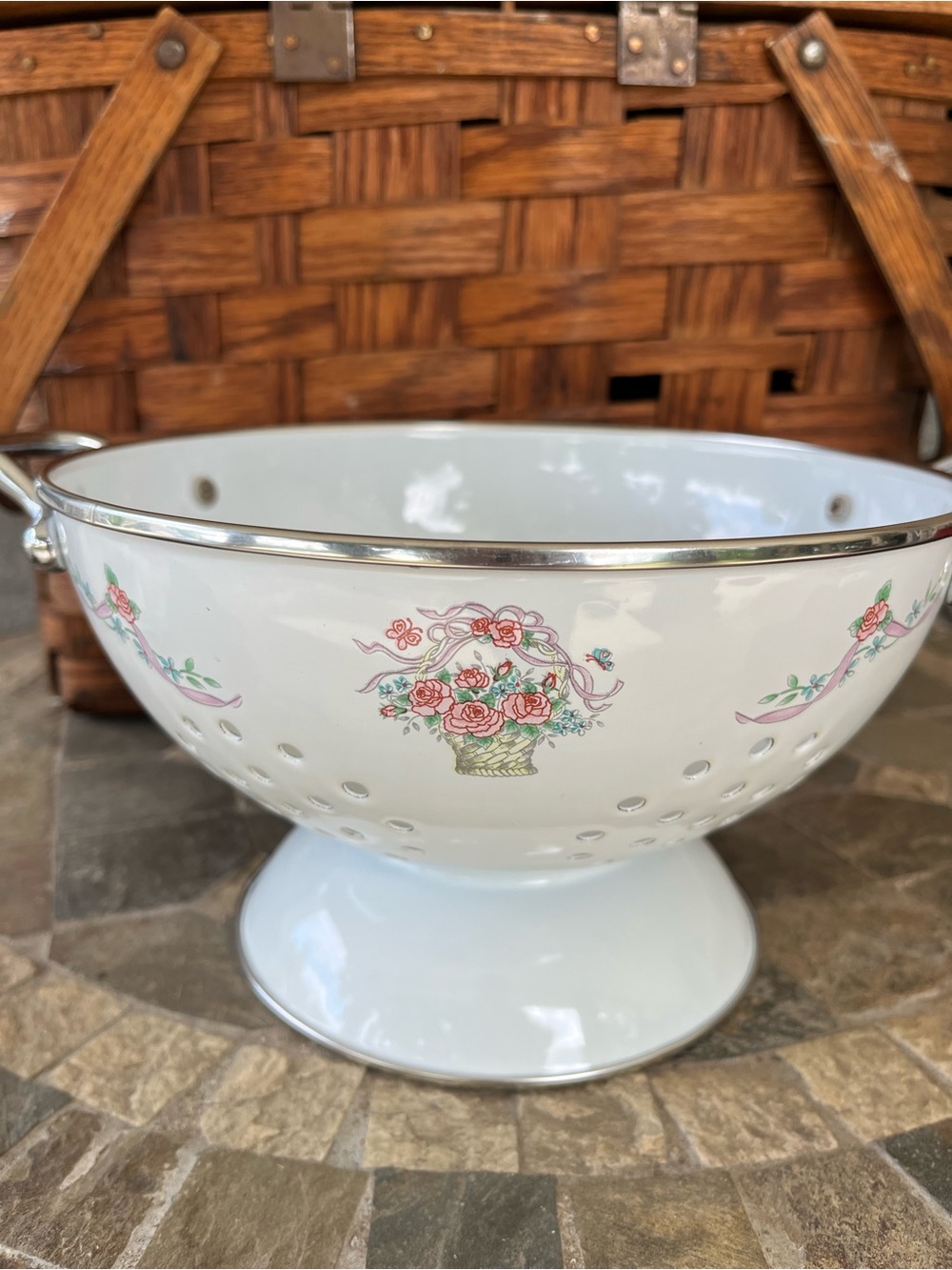 Vintage White Floral Enamel Colander with Silver Trim